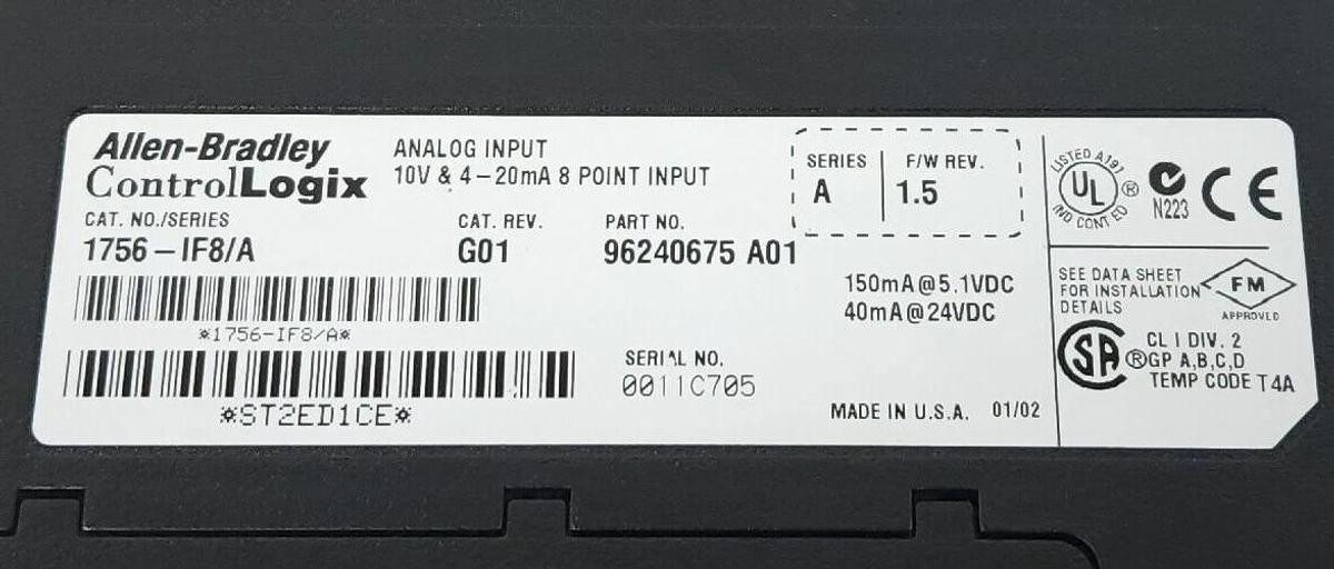 Used ALLEN BRADLEY 1756-IF8 /A CAT. REV. G01 F/W REV. 1.5 SER. A I/O MODULE