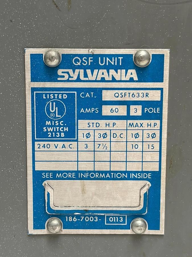 Used Sylvania QSFT633R QSF Unit Busway Plug-in Disconnect Fuse Switch 60A 240V 3P