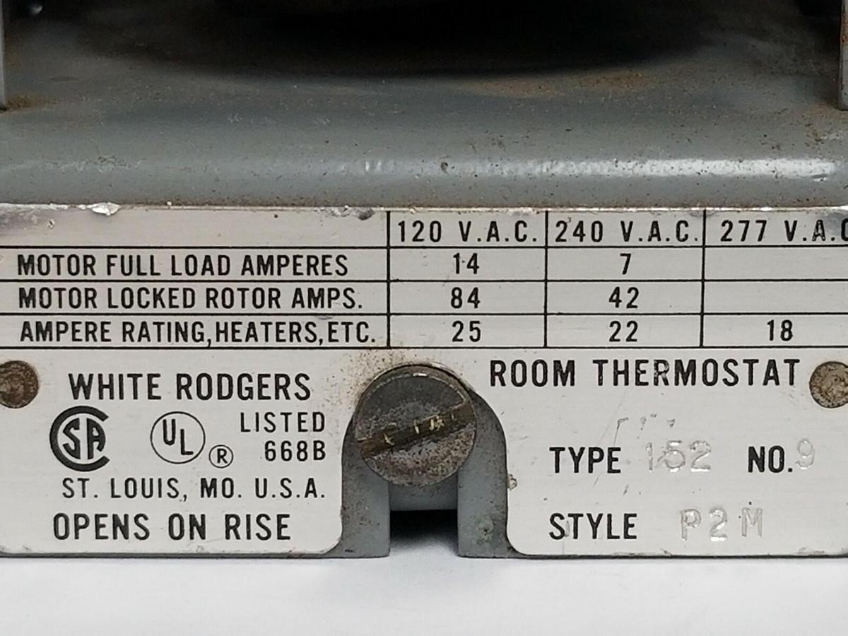 Used WHITE RODGERS TYPE: 152 NO. 9 STYLE: P2M ROOM THERMOSTAT 120-277VAC 152-9-P2M