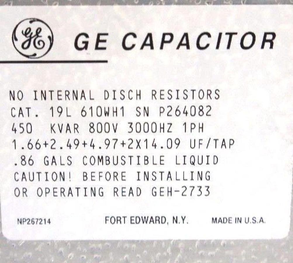 Used NEW GENERAL ELECTRIC 19L-610WH1 DIELEKTROL WATER COOLED CAPACITOR 19L610WH1