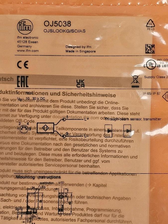 Used NEW IFM OJSLOOKG/SO/AS THROUGH-BEAM LASER SENSOR TRANSMITTER OJ5038