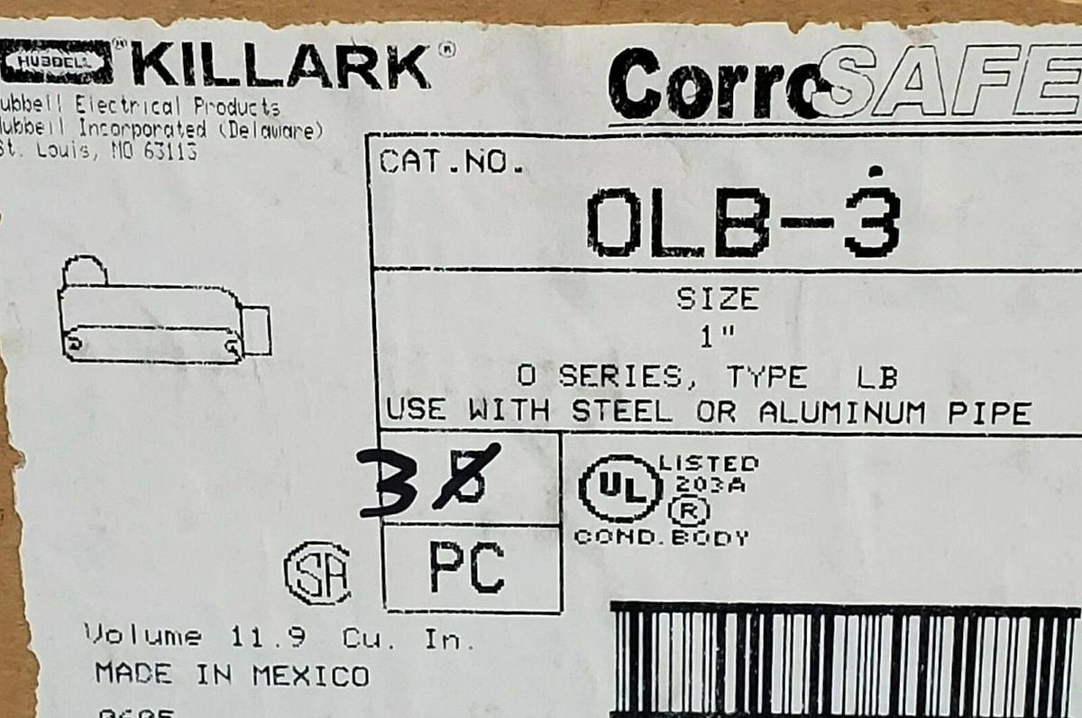 BOX OF 3 NEW KILLARK OLB-3, O SERIES TYPE LB CONDUIT BODIES ALUMINUM 1IN