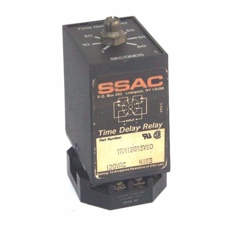 Used SSAC TRM120A3Y60 TIME DELAY RELAY 1-60 SEC W/ CUSTOM RB08-PC RELAY BASE