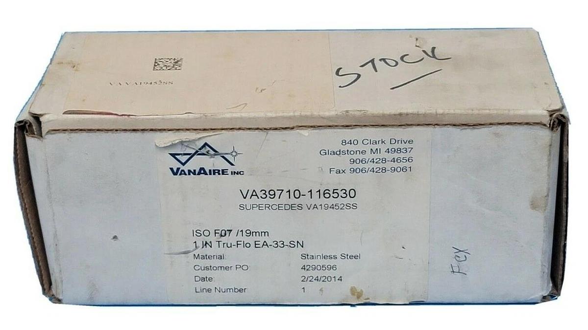 Used NIB VANAIRE INC VA39710-116530 SUPERCEDES VA19452SS ISO F07/19MM STAINLESS STEEL
