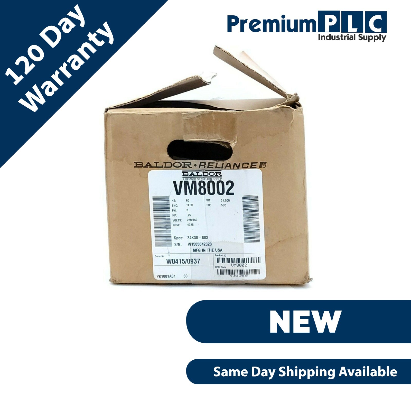 Used NEW BALDOR VM8002 MOTOR .75HP 1725RPM 3PH 60HZ 56C SPEC: 34K38-883