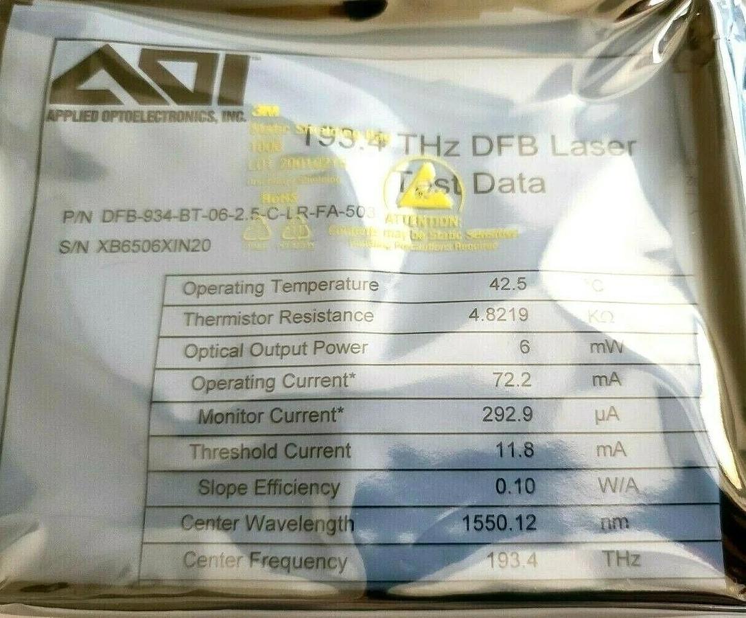 Used APPLIED OPTPELECTRONICS AOI DFB-934-BT-06-2.5-C-LR-FA-503 193.4THz DFB LASER 6mW