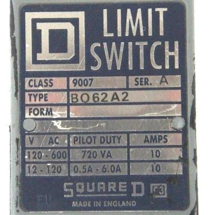 Used SQUARE D CLASS 9007 TYPE BO62A2 LIMIT SWITCH SER. A, 9007-BO62A2