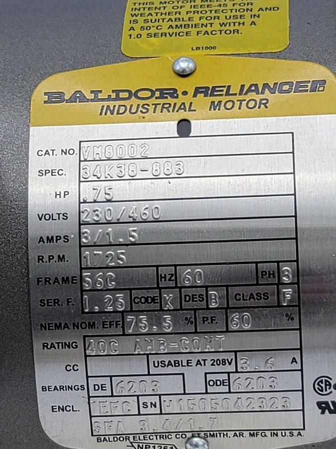 NEW BALDOR VM8002 MOTOR .75HP 1725RPM 3PH 60HZ 56C SPEC: 34K38-883