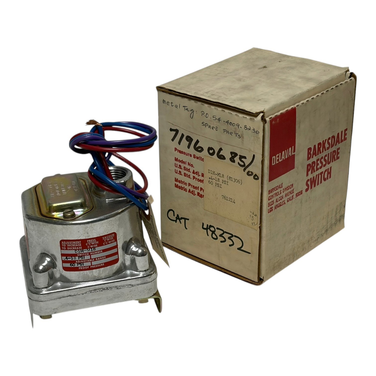 Used Barksdale DeLaval D1H-M18 Pressure Switch .4-18 PSI 60 PSI Proof Boxed New