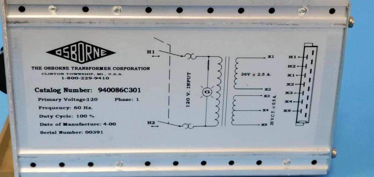 Used OSBORNE 940086C301 CONTROL TRANSFORMER 120VAC, 1PH, 60HZ