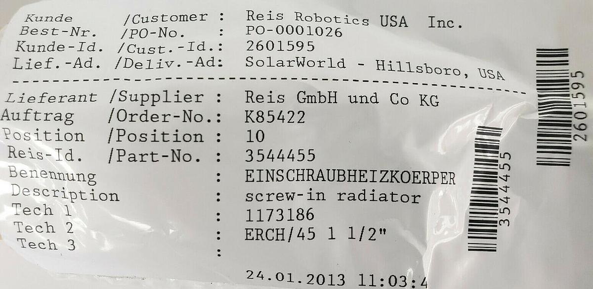 Used NEW SHNIEWINDT REIS ERCH/45 SCREW-IN RADIATOR HEATER 480V, 5000W, IP65, 3544455