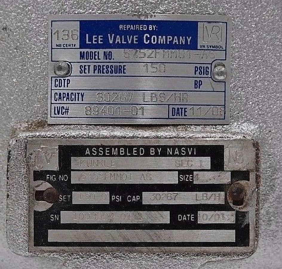 Refurbished REFURBISHED KUNKLE LEE VALVE CO. 6252FMM01-AS SAFETY RELIEF VALVE 6252FMM01AS