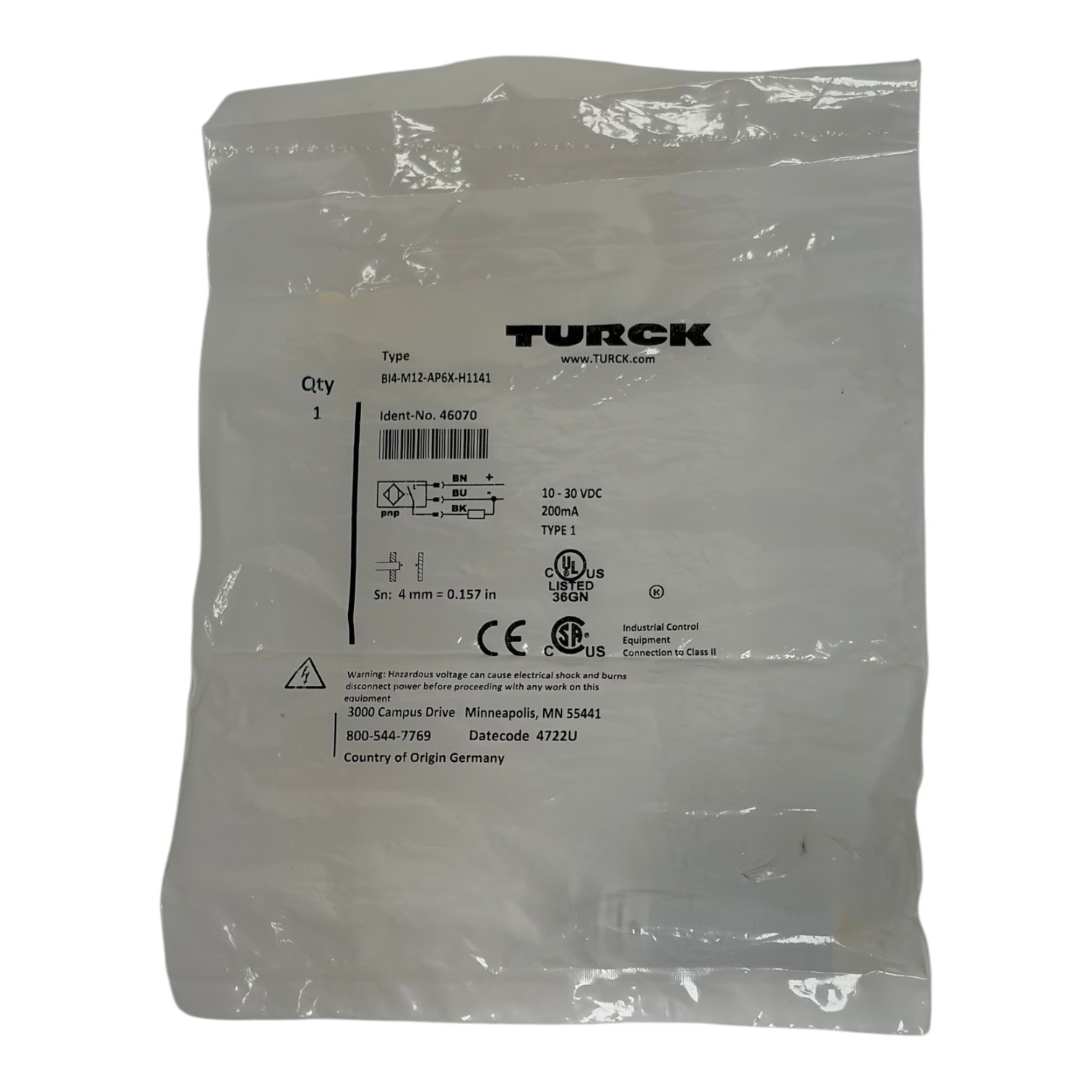 Turck BI4-M12-AP6X-H1141 Inductive Proximity Sensor M12 PNP NO 46070 New Sealed