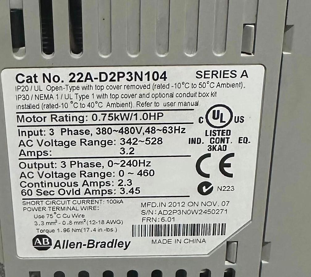 Used ALLEN BRADLEY 22A-D2P3N104 /A POWERFLEX 4 DRIVE 0.75kW/1.0HP 22AD2P3N104