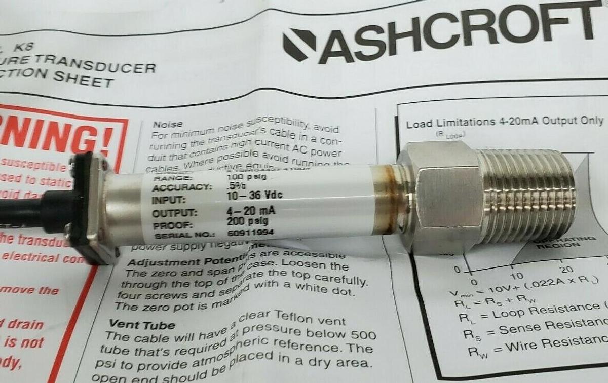 Used NIB ASHCROFT K1-5-M04-42-F4 TRANSDUCER 100PSIG 4-20mA 1/2" NPTM 6FT K15M0442F4#