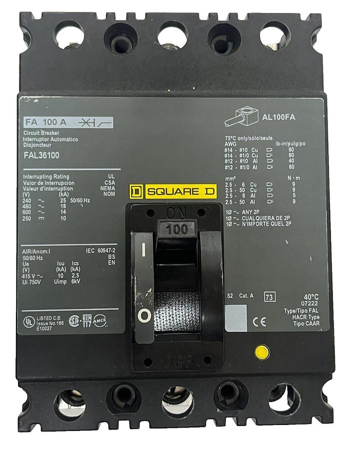 Used SQUARE D FAL26100 Circuit Breaker | 100A 2P 600V w/ Screws , NSMP
