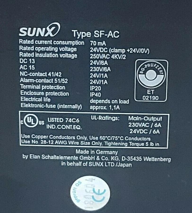 Used SUNX TYPE SF-AC SAFETY RELAY UNIT SFAC 70mA 24VDC 250VAC