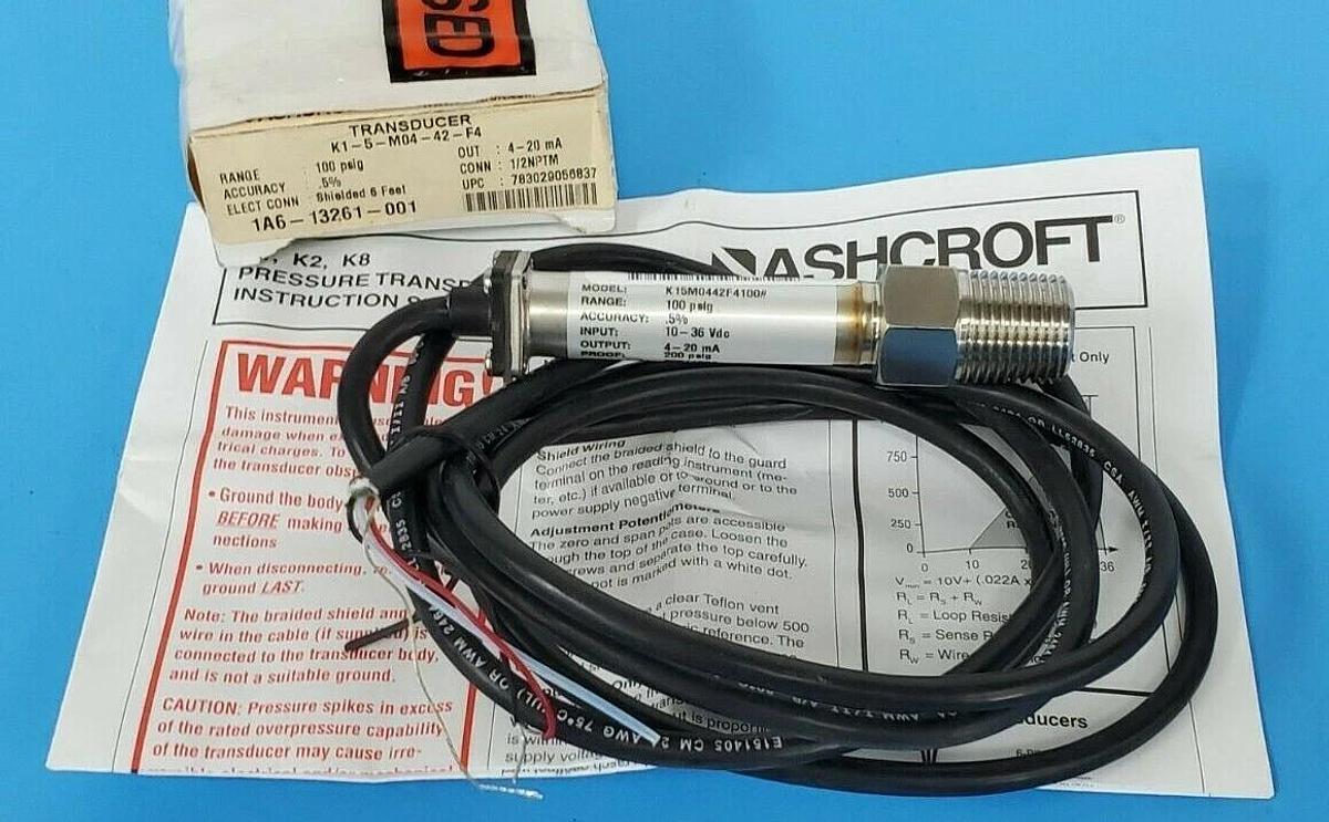 NIB ASHCROFT K1-5-M04-42-F4 TRANSDUCER 100PSIG 4-20mA 1/2" NPTM 6FT K15M0442F4#