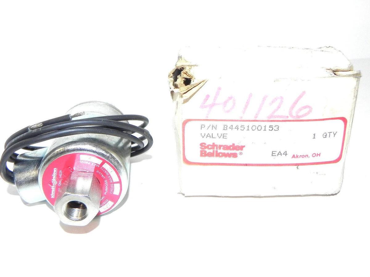 Used NIB SCHRADER BELLOWS B445100153 SOLENOID VALVE 120V, 60 CYCLES MAX. WATTS 12