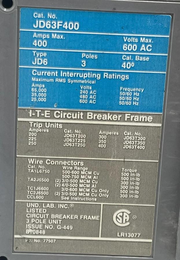 Siemens JXD63B400 Sentron Circuit Breaker 3 Pole 400 Amp 600V JXD6-A