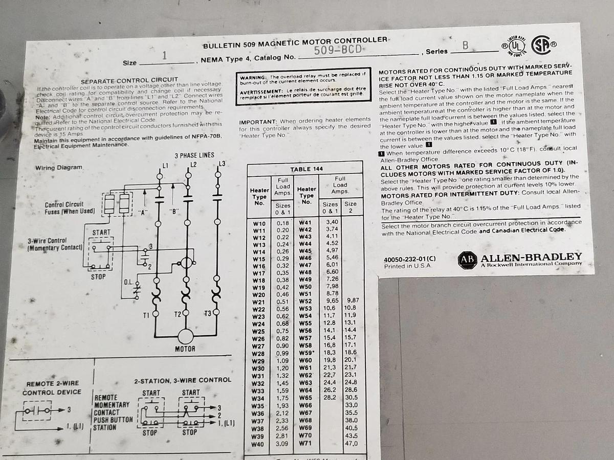 Used ALLEN BRADLEY 509-BCD MOTOR CONTROLLER SER. B W/ 509-BOD STARTER 120V/60HZ CB236