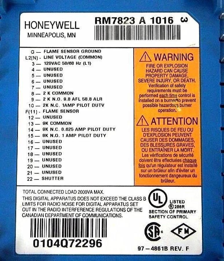 Used HONEYWELL RM7823A-1016 PRIMARY FLAME SWITCH W/ R7847A-1033 FLAME AMPLIFIER