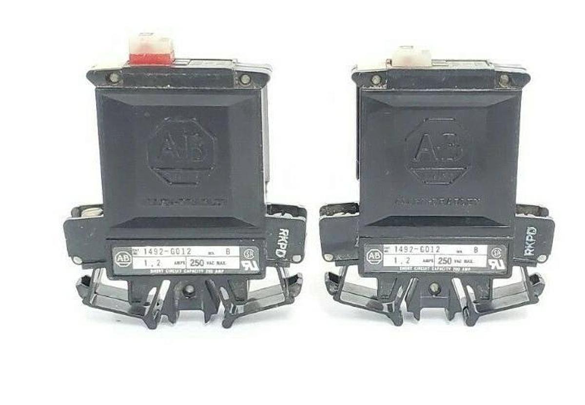 Used LOT OF 2 ALLEN BRADLEY 1492-G012 CIRCUIT BREAKERS 1.2AMP 1POLE 250VAC, SER. B