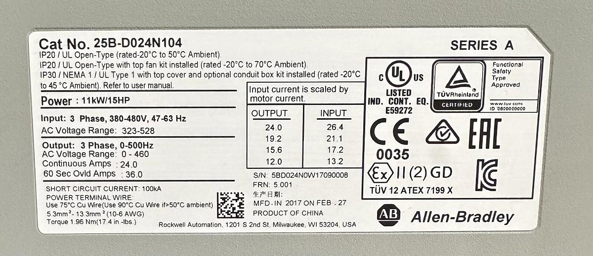 Used ALLEN BRADLEY 25B-D024N104 /A PowerFlex 525 AC DRIVE 11kW/15HP 480V 25BD024N104
