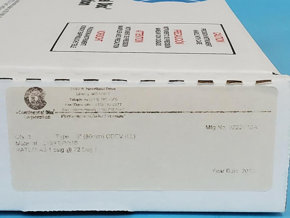 NIB CONTINENTAL DISC CORP. 8222410A TYPE: 3'' 80mm CDCV (LL) RUPTURE DISC