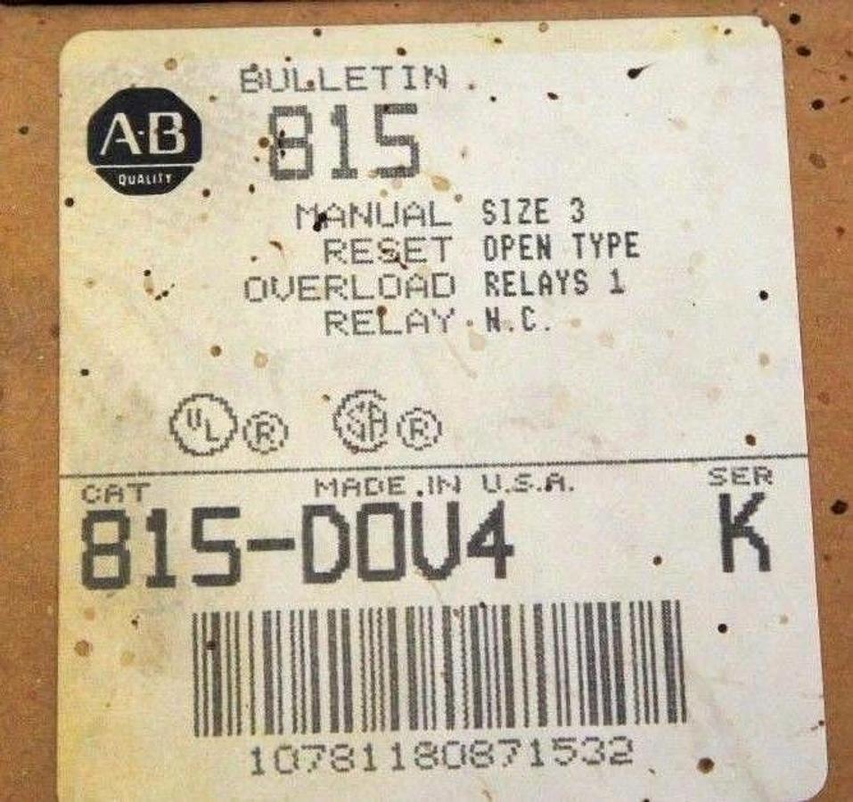 Used NIB ALLEN BRADLEY 815-DOV4 SER. K MANUAL RESET OVERLOAD RELAY 815DOV4, SIZE 3
