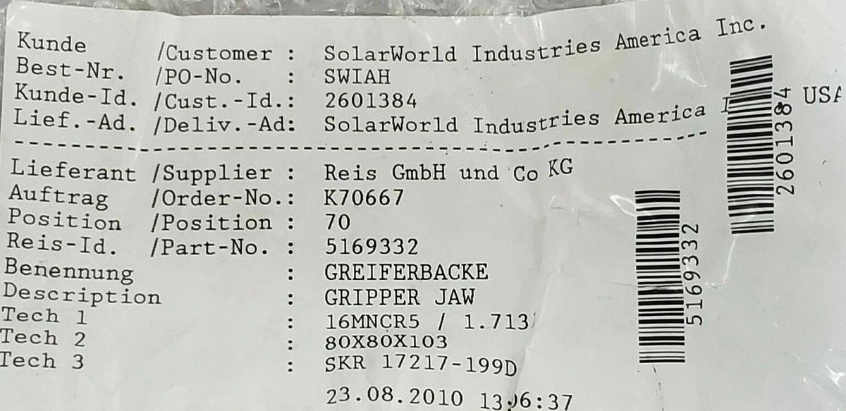 NEW REIS ROBOTICS USA IDENT. NO: 5169332 GRIPPER JAW 16MNCR5 / 1.7131