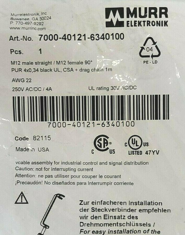 NEW MURR ELEKTRONIX 7000-40121-6340100 M12 MALE 0° / M12 FEMALE 90°