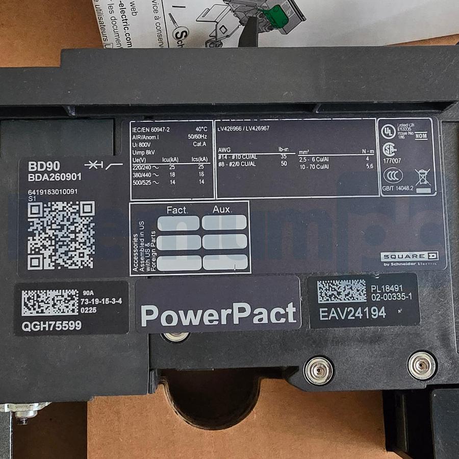Used Square D BDA260901 | BD90 PowerPact B 2-Pole 90A 18kA 480V Circuit Breaker NSMP