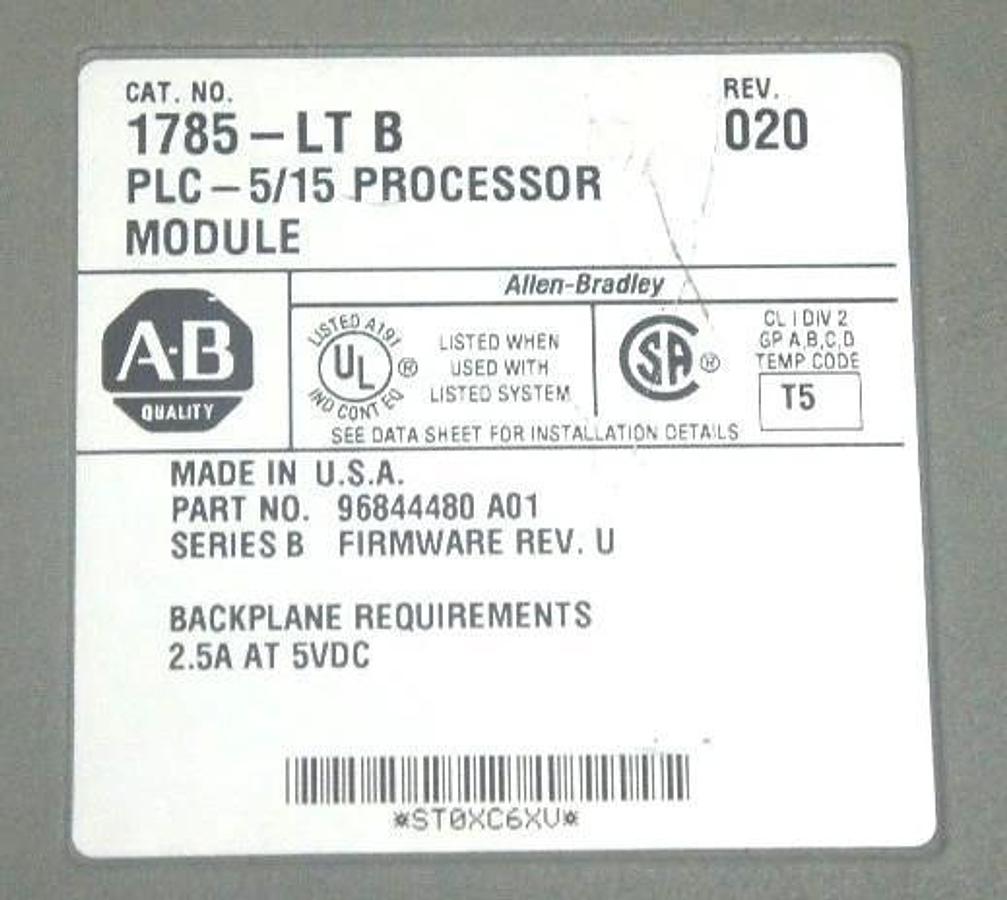 Used ALLEN BRADLEY 1785-LT/B PLC-5/15 PROCESSOR MODULE 1785LT SER. B REV. 020