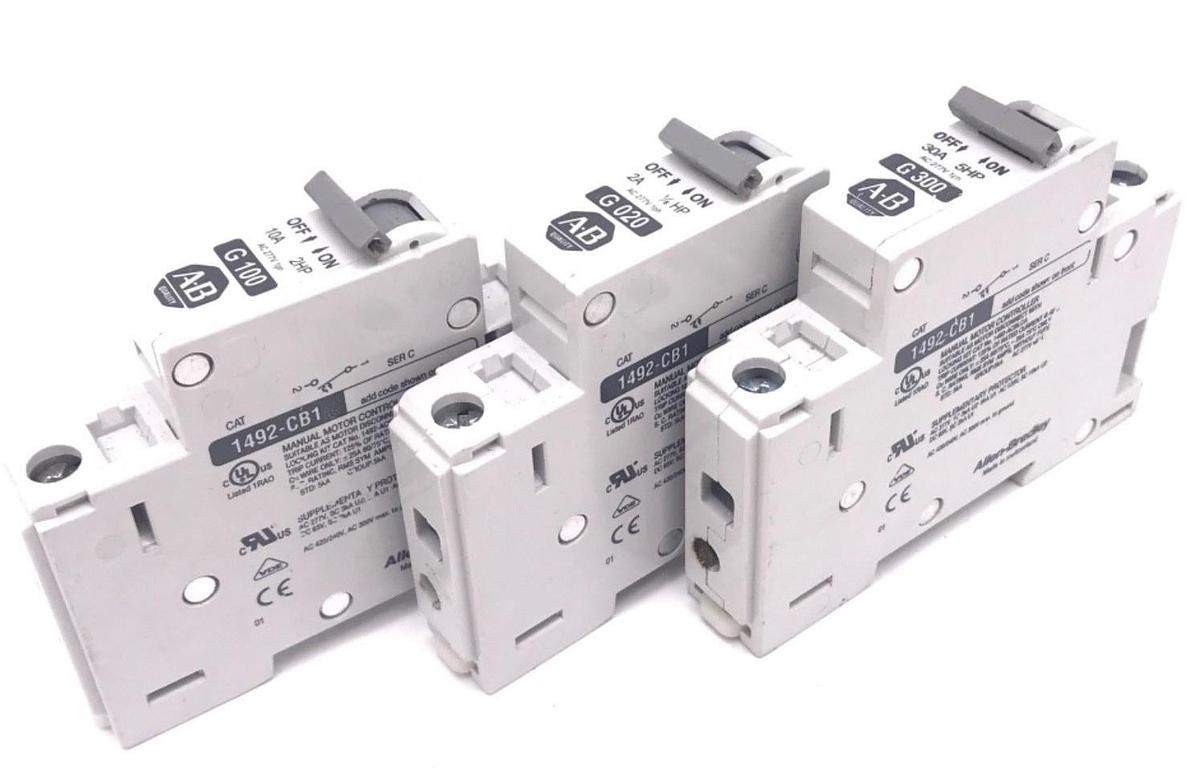 Used LOT OF 3 ALLEN BRADLEY 1492-CB1 SER. C CIRCUIT BREAKERS G-020, G-100, G-300