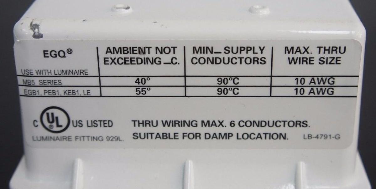 Used NEW LUMINAIRE 929L WIRING ENCLOSURE LB-4791-G USE WITH MB5 SERIES