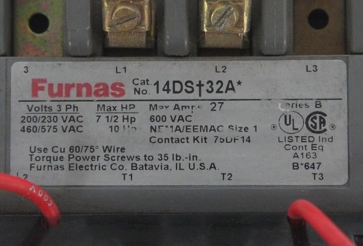 Used FURNAS 14DS+32A STARTER SER. B, 200-575VAC, 7-1/2-10HP, 27 AMP MAX W/ 49D26344