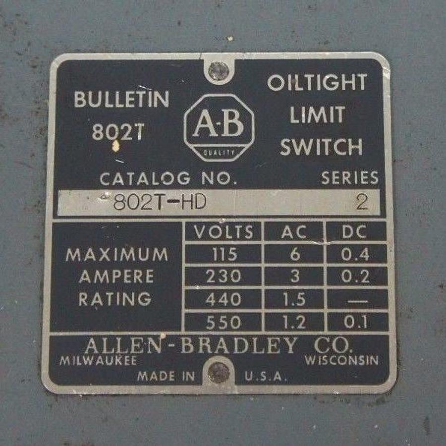 Used ALLEN BRADLEY 802T-HD LIMIT SWITCH SER 2, W/O HEADS, 802THD