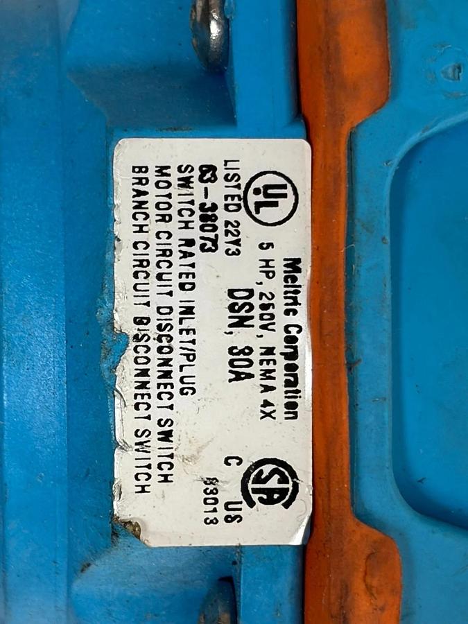 Used Meltric DSN30 30A 250V 3-Phase Switch-Rated Metal Inlet Plug 63-38073