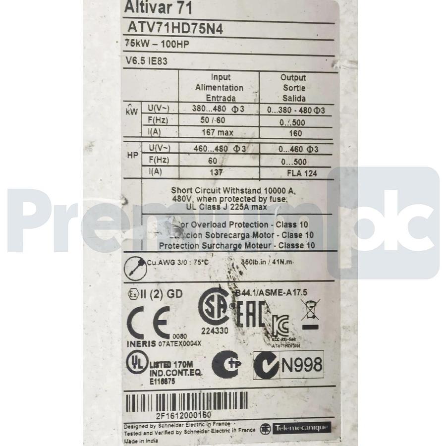 Used Schneider Electric ATV71HD75N4 Altivar 71 Variable Speed Drive 75kW/100HP 480V