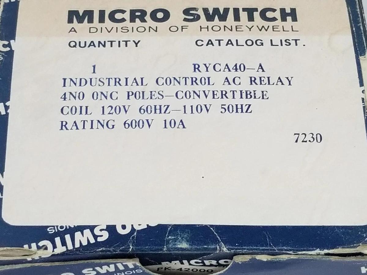 Used NIB HONEYWELL MICRO SWITCH RYCA40-A INDUSTRIAL CONTROL AC RELAY COIL 120V