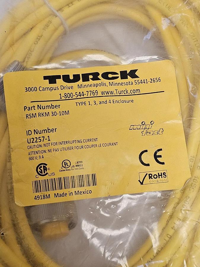 Used NEW TURCK RSM RKM 30-10M POWER CABLE ID NUMBER: U2257-1 LENGTH 10M