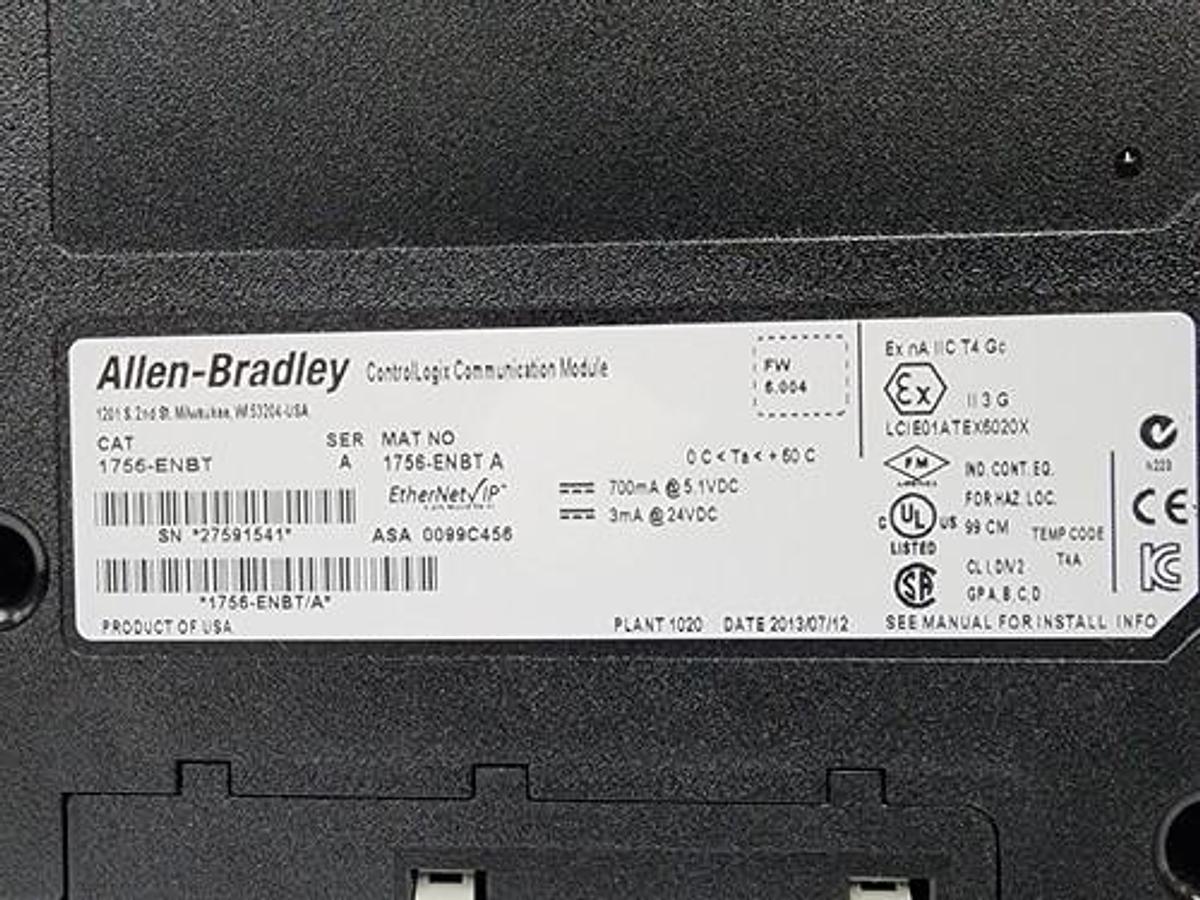 Used ALLEN BRADLEY 1756-ENBT SER. A CONTROLLOGIX COMMUNICATION MODULE FRN: 6.004