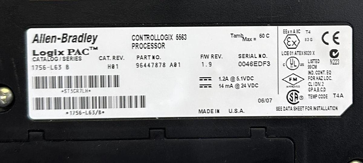 Used ALLEN BRADLEY 1756-L63 /B ControlLogix Logix5563 8MB PROCESSOR RS-232 1756L63