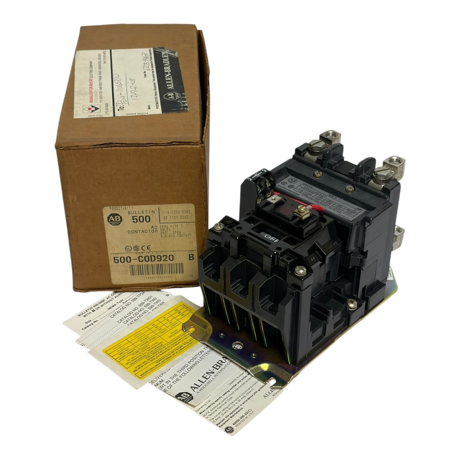 Used Allen-Bradley 500-C0D920 NEMA Size 2 AC Contactor 2-Pole Series B - New Surplus