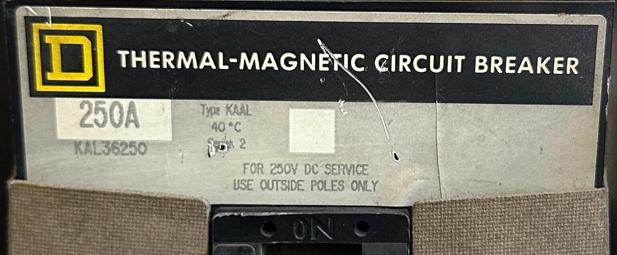 Used SQUARE D KAL36250 THERMAL-MAGNETIC CIRCUIT BREAKER 250A W/ 9422-RP-1 /B MECH