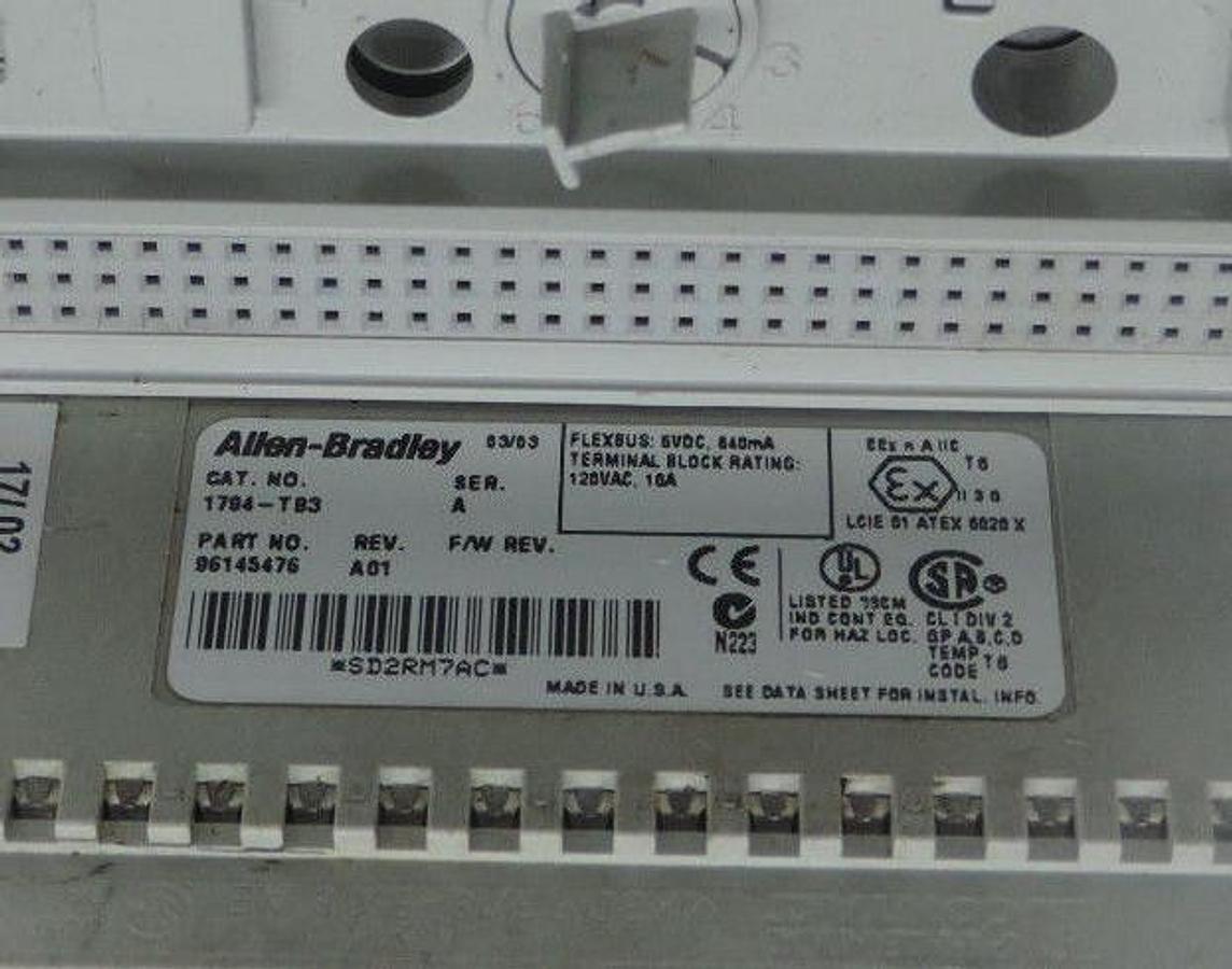 Used (5) ALLEN BRADLEY 1794-TB3 TERMINAL BASE 10AMP, 120VAC, 3WIRE, 16POINT, SER. A