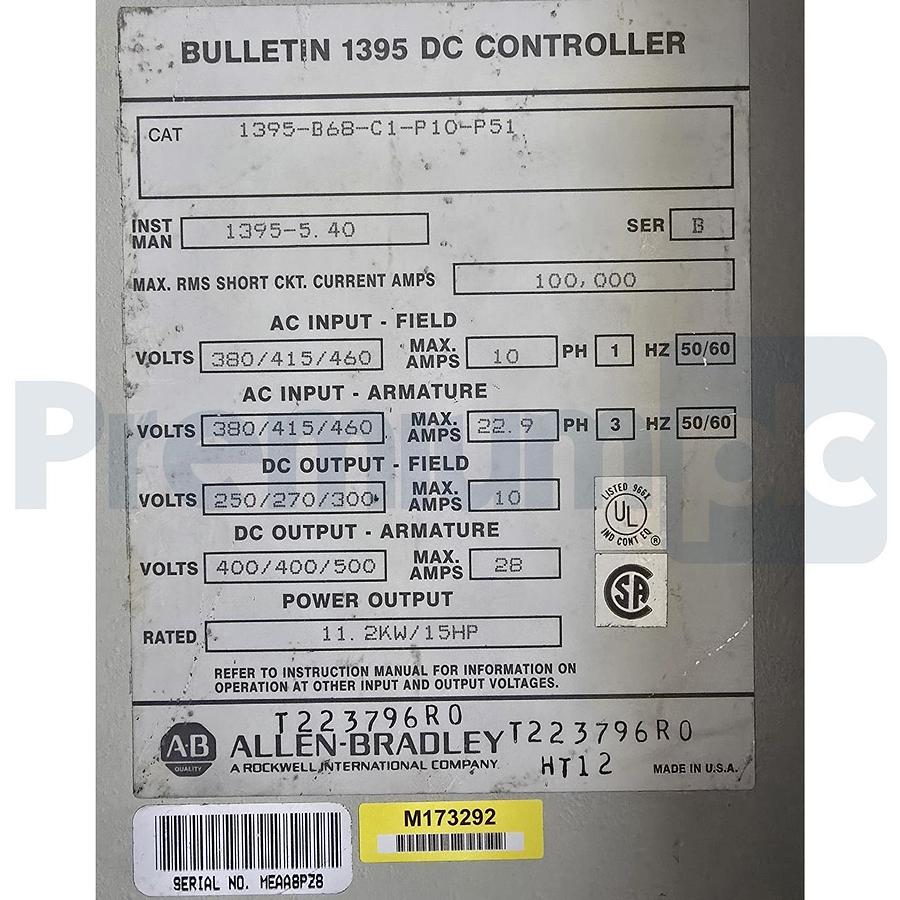 Used Allen-Bradley 1395-B68-C1-P10-P51 /B Digital DC Drive 15HP 460VAC Regen USPI