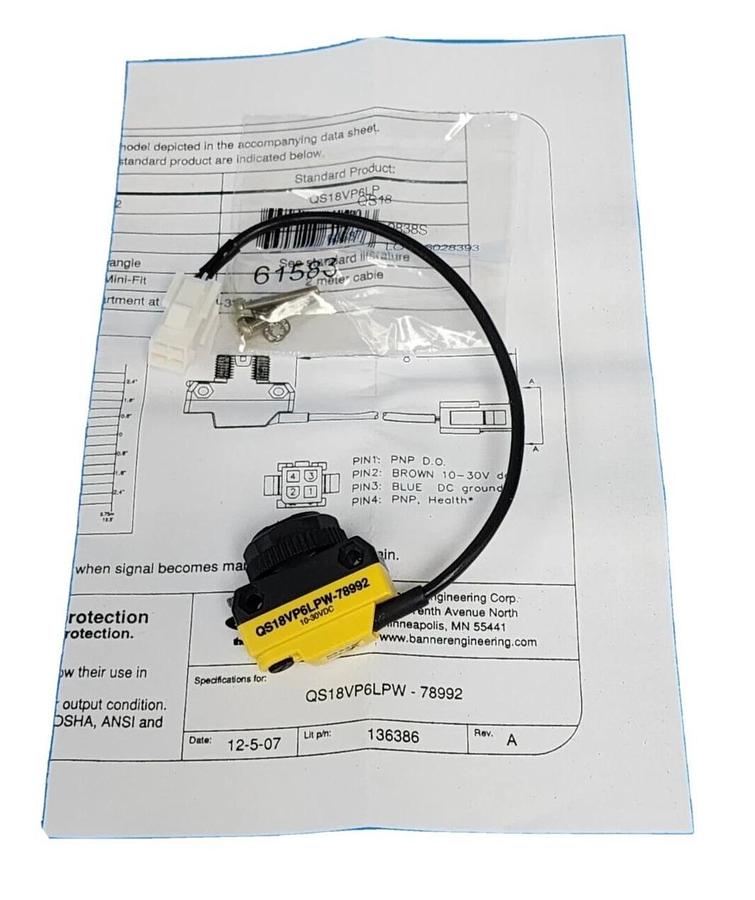Used NIB BANNER QS18VP6LPW-78992 PHOTOELECTRIC SENSOR 78992