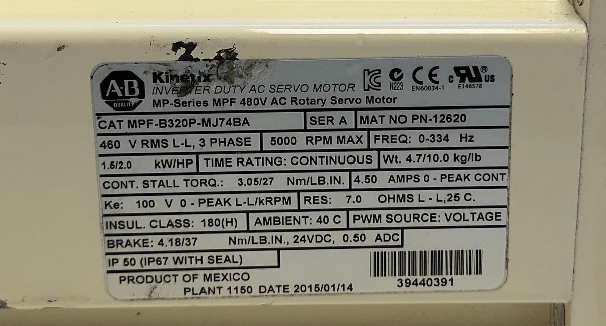 Used ALLEN BRADLEY MPF-B320P-MJ74BA /A MP-Series AC ROTARY SERVO MOTOR PN-12620 USNP